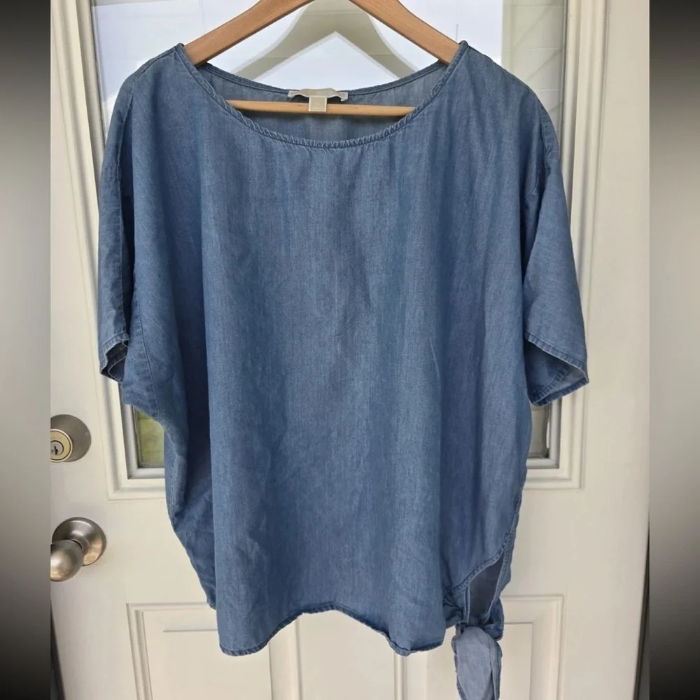 Michael Kors Chambray Side Tie Blouse Sz XL Women Blue Lightweight Classic